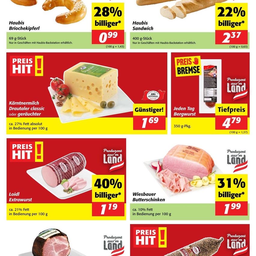 Ein Werbeposter für Lebensmittel. Es zeigt vier Produkte: Brioche-Brezel, Sandwichbrot, eine Käsescheibe und Wienerwurst. Jedes Produkt hat einen Preisschild und einen Prozentrabatt. Das Poster enthält auch ein 'Preis Hit'-Label.