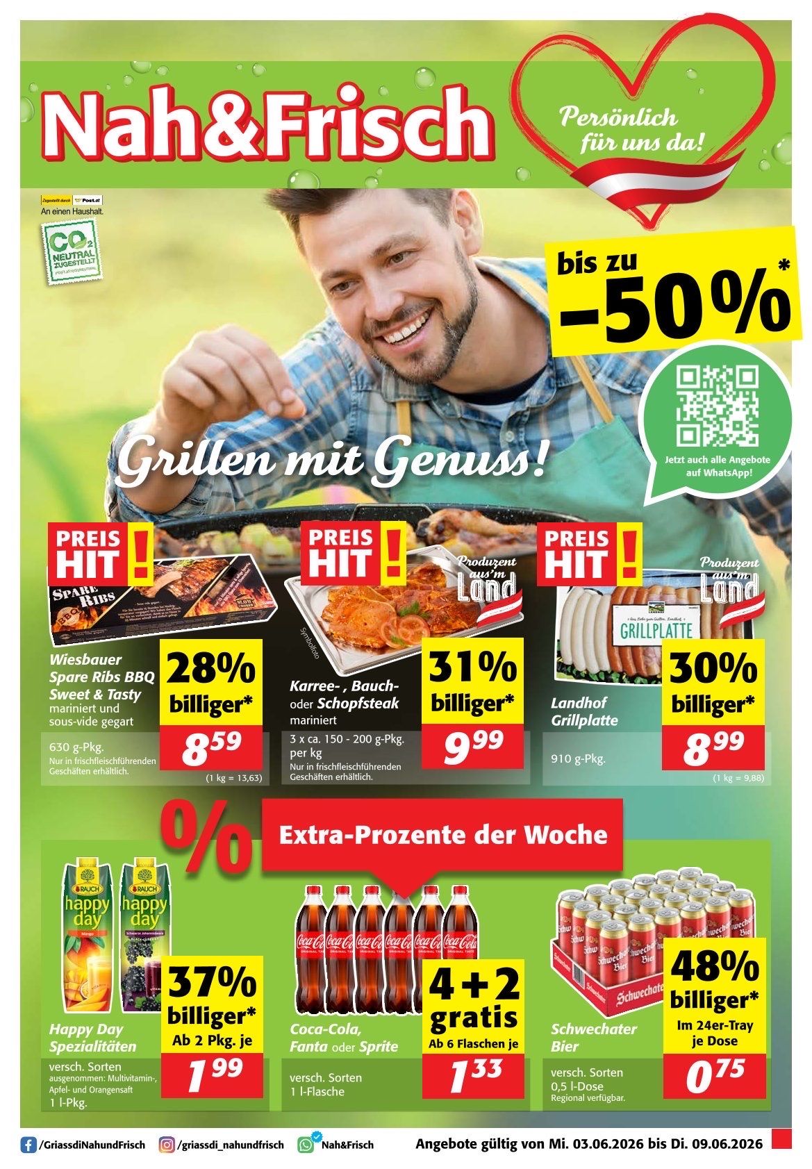 An advertisement for barbecue products. A man holds a meat skewer, smiling. Price tags show discounts up to 50%. Products include spare ribs, beef steak, and sausages. Prices are listed with percentage discounts. Extra promotions for the week include drinks and juices.