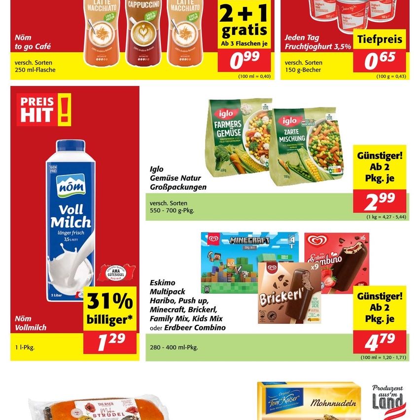 Advert for 'nom' milk, featuring a 1-liter bottle with a 31% discount. Other offers include 2+1 free for 3 bottles, assorted flavors at a low price, and various products like 'Iglo' vegetables and 'Minecraft' candy.