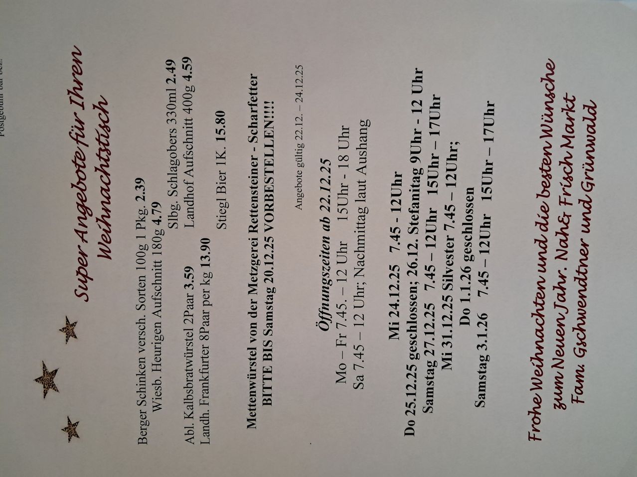 Das Dokument zeigt einen Zeitplan für verschiedene Käsesorten mit ihren Größen, Preisen und Öffnungszeiten. 'Super Weichkäse' kostet 2,39, 'Berger Schinken versch. Sorten' für 100g 2,49, 'Wiesb. Heubergen Aufschnitt' für 80g 3,79, 'Landh Kalbsbratwurst' für 2 Paare 3,59, 'Bier IK' für 15,80. Öffnungszeiten für jeden aufgeführt.