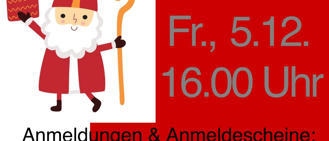 Plakat für Nikolaus-Aktion 25. Weihnachtsmann mit Geschenk und Stab. Veranstaltung am Fr, 5.12. um 16:00 Uhr. Anmeldungen & Tickets in allen Geschäften & Gaststätten mit diesem Plakat oder per E-Mail. Anmeldungen bis 4.12.25! Tickets auch im cities-app erhältlich.
