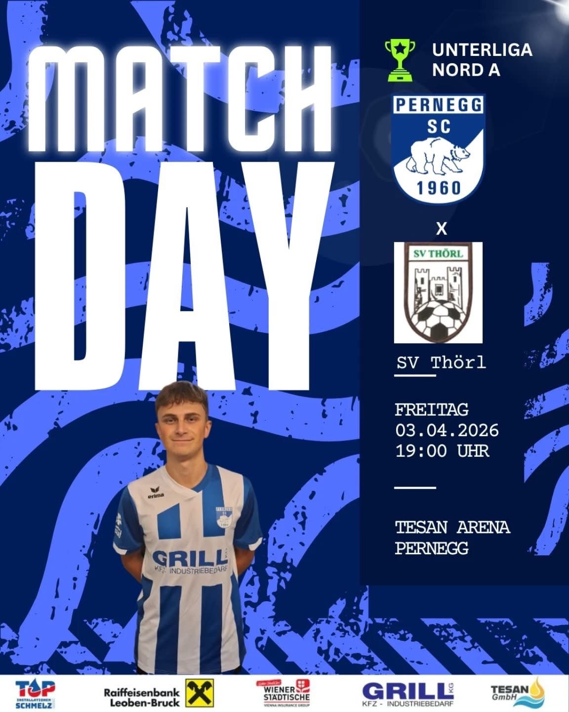 Plakat für ein Fußball-Matchday-Event zwischen Pernegge SC und SV Thorl. Das Spiel ist für den 3. April 2026 um 19:00 Uhr geplant.