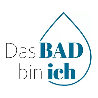 Ein Tropfen-Logo mit den Worten 'Das BAD bin ich' in blauer und weißer Schrift, das eine Marke oder ein Unternehmen repräsentiert.
