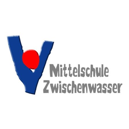 Das Logo der Mittelschule Zwischenwasser, mit einem blauen Buchstaben V und einem roten Punkt in der Mitte.