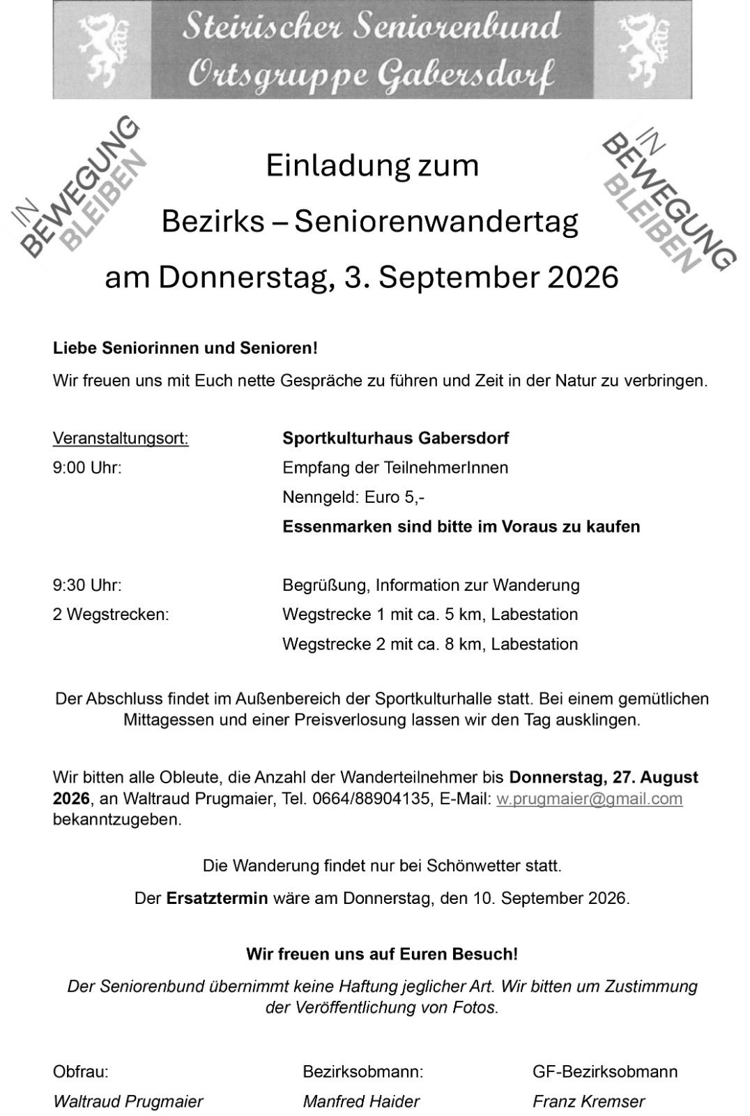 Eine Einladung für einen Seniorenwandertag am Donnerstag, 3. September 2026. Die Veranstaltung umfasst einen Empfang, zwei Wanderstrecken, eine Mittagspause und einen Abschluss. Anmeldung und Essensmarken sind im Voraus erhältlich.