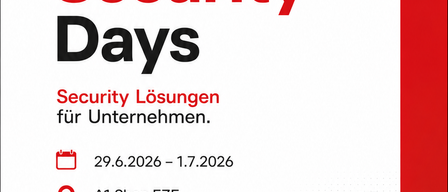 Das Plakat für Business Security Days zeigt die Veranstaltungstermine vom 29.6.2026 bis 1.7.2026. Es findet im A1 Shop EZE Eisenstadt statt und bietet Netzwerk- und IT-Sicherheitslösungen.