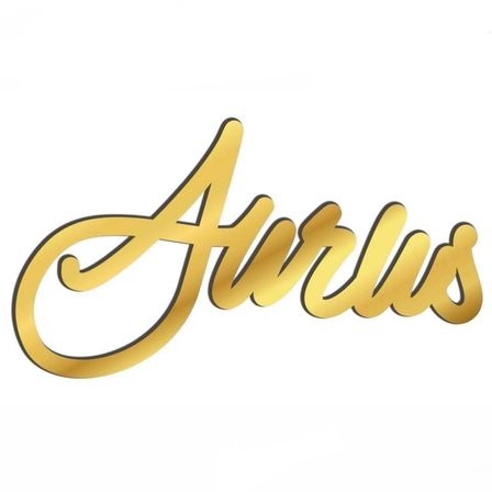 Das Wort 'Aurlus' ist in goldener kursiver Schrift auf weißem Hintergrund geschrieben. Die Buchstaben sind verbunden und verleihen einen fließenden Anblick. Der Stil ist elegant und modern.