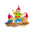 Drei Gnome spielen mit einem Ball und einem Spielzeugauto vor weißem Hintergrund.