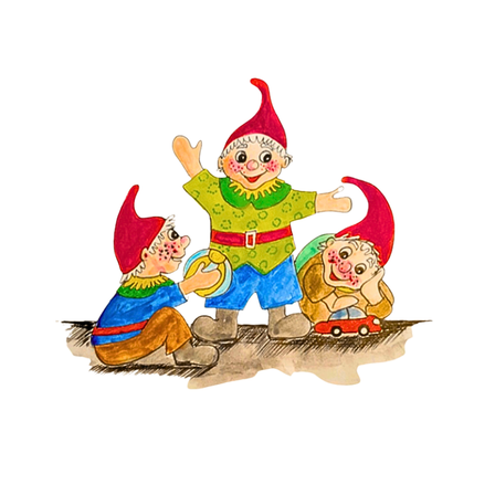 Drei Gnome spielen mit einem Ball und einem Spielzeugauto vor weißem Hintergrund.