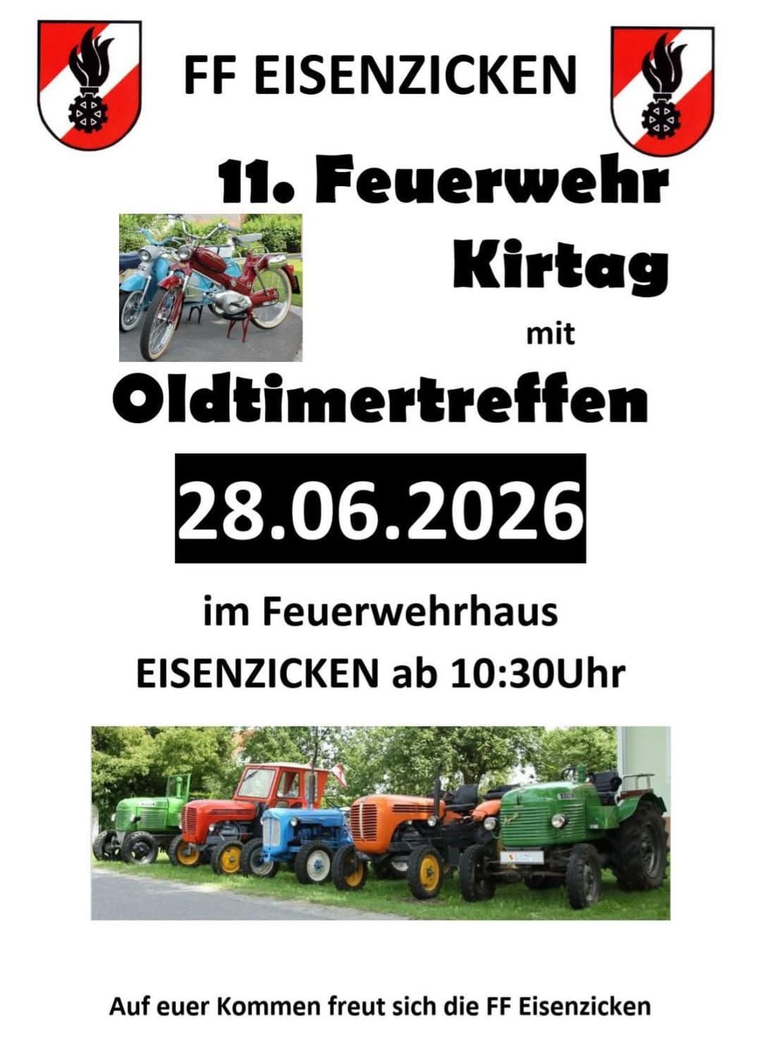Ein Plakat für den 11. Jahrestag des Feuerwehr-Dorffestes mit einem Oldtimertreffen am 28.06.2026 im Feuerwehrhaus in Eisenzick. Traktoren, die an einer Straße mit Bäumen im Hintergrund geparkt sind.