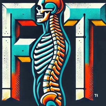 Eine farbenfrohe Illustration mit dem Wort 'FIT', wobei ein menschliches Skelett den Buchstaben 'I' bildet. Der Hintergrund ist dunkelblau mit einem Gradienteneffekt.