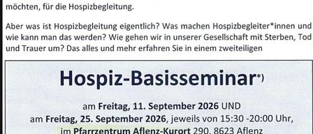 A flyer for a hospice care seminar in Aflenzen, Austria, scheduled for September 11 and 25, 2026. It provides information on the purpose of hospice care and the role of hospice caregivers. The seminar is open to those interested in hospice care and is a prerequisite for the hospice care training seminar.