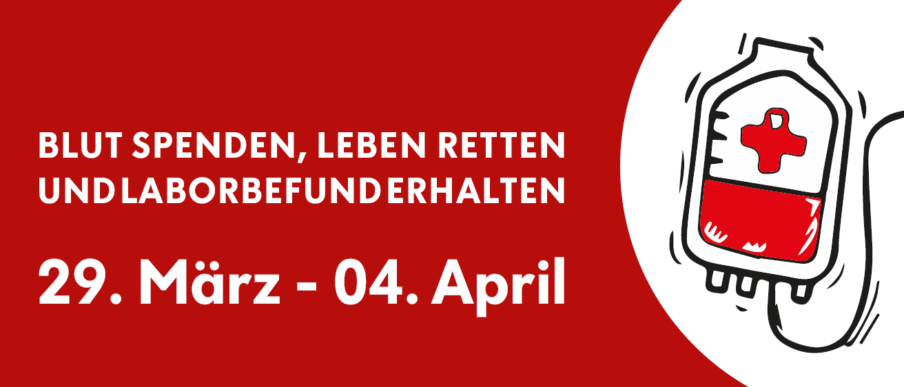 Ein roter Hintergrund mit weißem Text, der 'Kinder, Leben retten' und ein Datum '04. April' anzeigt.