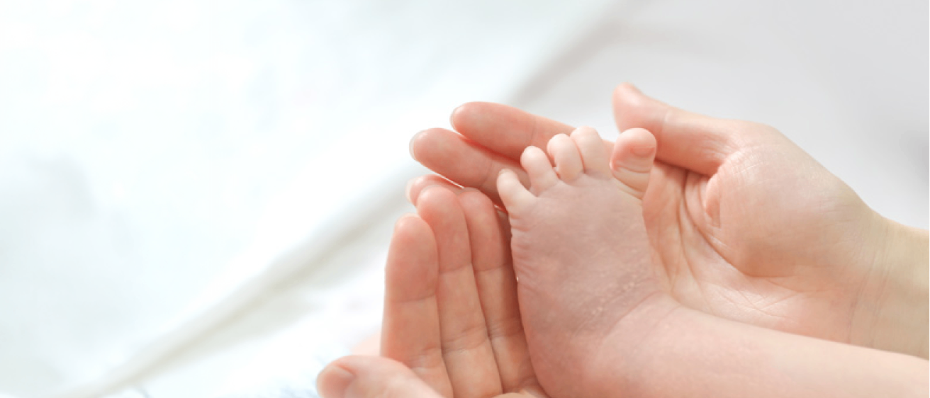 Ein winziger Fuß eines Neugeborenen, sanft in den Händen einer Person wiegende. Der Fuß ist rosa und hat winzige Zehen.