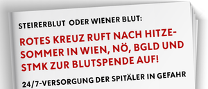 A white poster with bold red and black text reads 'RBLUT ODER WIENER BLUT: S KREUZRUF NACH HITZ MER IN WIEN, NO, BGL D K ZUR BLUTSPENDE AUF! VERSO GUNG DER SPITÄLER IN G'. The text is in German and appears to be a call for blood donations in Vienna.