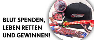 A poster with a man's face and various merchandise like a hat, lanyard, and stickers. The text reads 'Spenden, retten, gewinnen!' in bold letters.