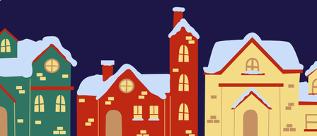 Ein Werbeplakat für eine Weihnachtsveranstaltung mit blauem Hintergrund, Trompetenlogo, verschneiten Häusern und Stechpalmenblättern. Der Text lädt Besucher zu einem Weihnachtsweinstand ab 15:00 Uhr am 19. Dezember ein.