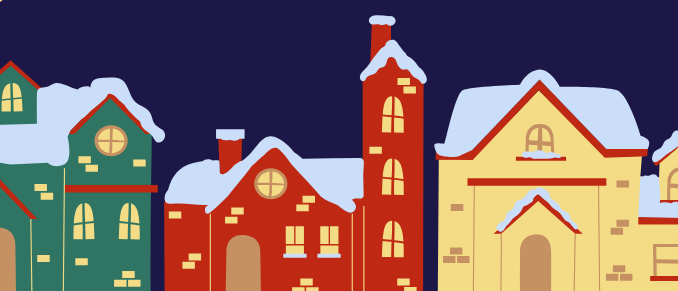 Ein Werbeplakat für eine Weihnachtsveranstaltung mit blauem Hintergrund, Trompetenlogo, verschneiten Häusern und Stechpalmenblättern. Der Text lädt Besucher zu einem Weihnachtsweinstand ab 15:00 Uhr am 19. Dezember ein.