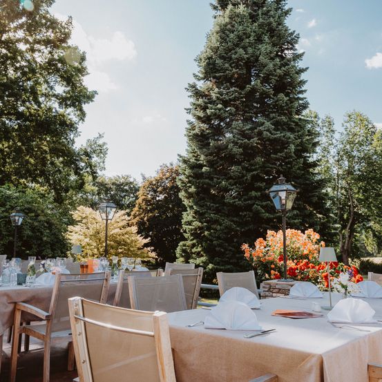 Ein Essbereich im Freien ist mit mehreren Tischen eingerichtet. Jeder Tisch hat ordentlich gefaltete Servietten, Besteck und eine kleine Tischdekoration. Die Umgebung ist von hohen Bäumen und einem blauen Himmel mit Wolken umgeben.