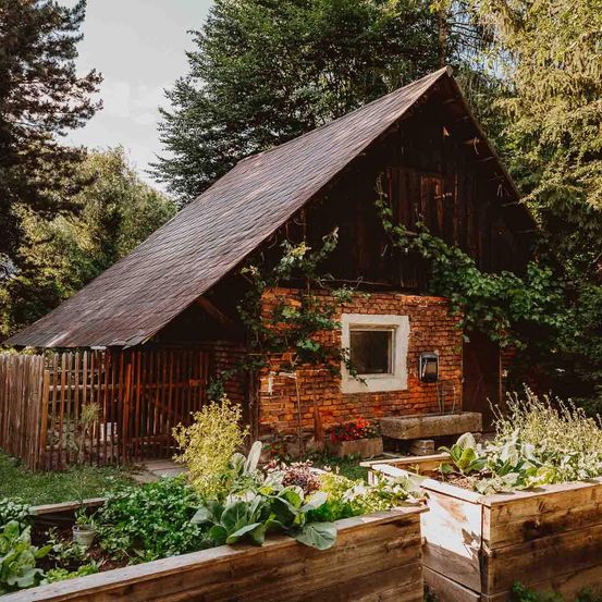 Ein altes Holzhaus mit einem braunen Dach und einem Garten davor. Das Haus ist von Bäumen umgeben und hat einen Holzzaun. Der Garten hat mehrere Holzpflanzer mit Pflanzen und Blumen.
