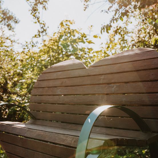 Eine Holzbank mit rückenlehne in Herzform steht in einem grünen Park. Sonnenlicht fällt durch die Blätter und wirft ein warmes Licht.