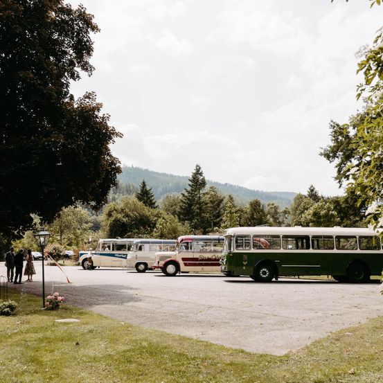 Drei alte Busse sind in einem grünen Bereich geparkt, mit Menschen in der Nähe. Ein Laternenpfosten steht im Vordergrund, und Bäume umgeben den Bereich. Berge sind im Hintergrund sichtbar.