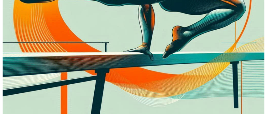 Eine Illustration einer Turnerin, die einen Sprung auf dem Balken vollführt. Der Titel lautet: Oö. Turn10 Jugend-Landesmeisterschaft 17.-18. Mai 2025, Grieskirchen.