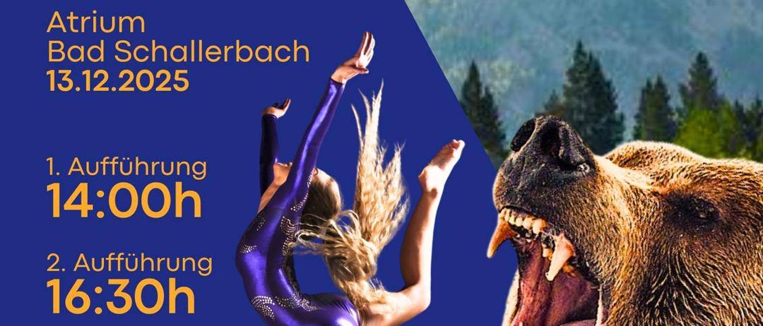 Plakat für eine Turnveranstaltung mit dem Titel 'Ruff der Wildnis', bei der eine Frau in Lila akrobatische Kunststücke in der Nähe eines brüllenden Bären vorführt, geplant für den 13. Dezember 2025.