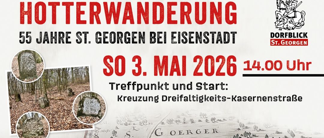 Plakat für eine historische Wanderveranstaltung mit dem Titel 'Hinterwanderung' bei St. Georgen nahe Eisenstadt. Datum: 3. Mai 2026. Treffpunkt: Dreifaltigkeits-Kaserne.