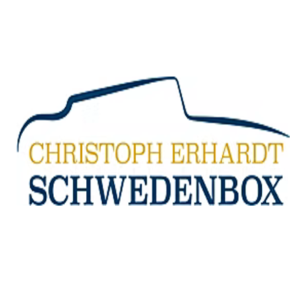 Logo für Christoph Erhardt Schwedenbox, mit einem stilisierten Auto-Silhouette und Text in Blau und Gelb.