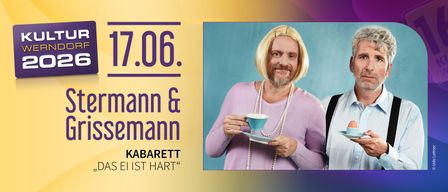 A man in a pink sweater and blonde wig holds a teacup. The text reads '7.06. Mann & Mann Kabarett ist hart.'