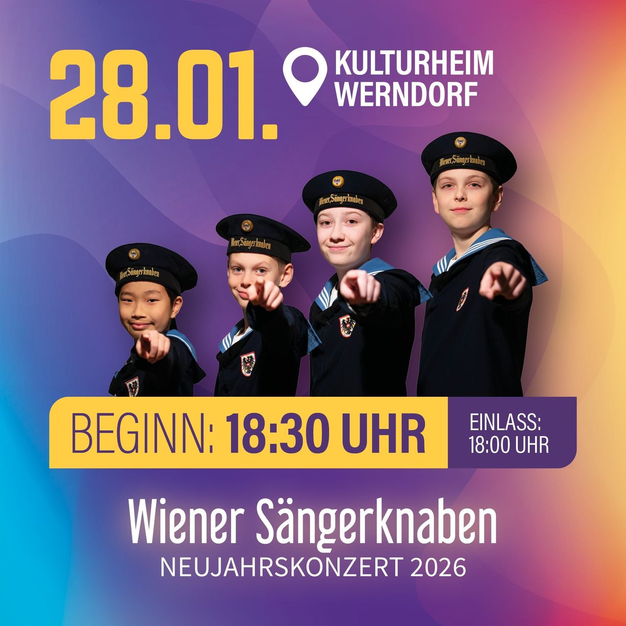 Plakat für das Neujahrskonzert 2026 des Wiener Sängerknaben. Datum: 28.01. Ort: Kulturheim Wendorf. Beginn: 18:30. Ende: 18:00.