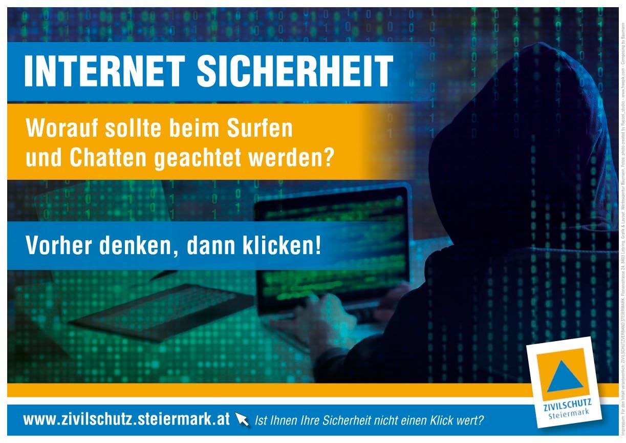 Eine Werbung für Internetsicherheit zeigt eine Person in einer Kapuze, die auf einem Laptop mit grünem Code tippt. Es wird gefragt, ob Internetsicherheit beim Surfen beachtet werden sollte. Es wird zum Klicken auf einen Link zu einer Sicherheitswebsite aufgerufen.