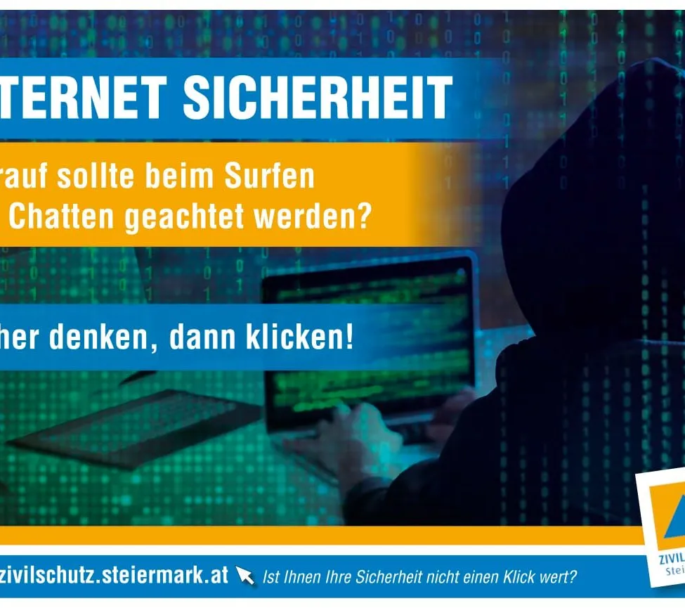 Eine Werbung für Internetsicherheit zeigt eine Person in einer Kapuze, die auf einem Laptop mit grünem Code tippt. Es wird gefragt, ob Internetsicherheit beim Surfen beachtet werden sollte. Es wird zum Klicken auf einen Link zu einer Sicherheitswebsite aufgerufen.