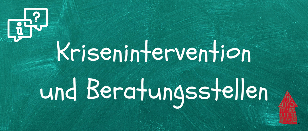 Eine grüne Tafel mit weißem Text, der 'Krisenintervention und Beratungsstelle' lautet. Es handelt sich wahrscheinlich um ein Schild für ein Kriseninterventions- und Beratungszentrum.
