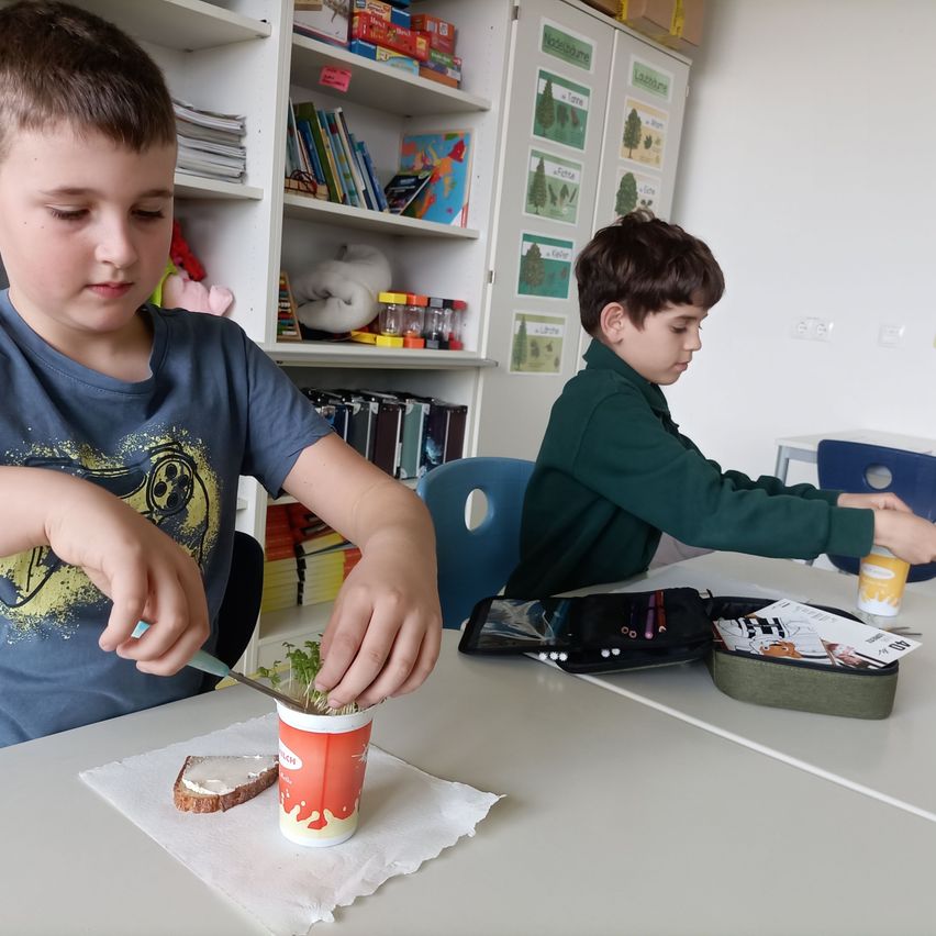 Zwei Jungen sitzen an einem Tisch, einer schneidet ein Sandwich, während der andere beobachtet. Dahinter steht ein Regal mit Büchern und Spielzeug.