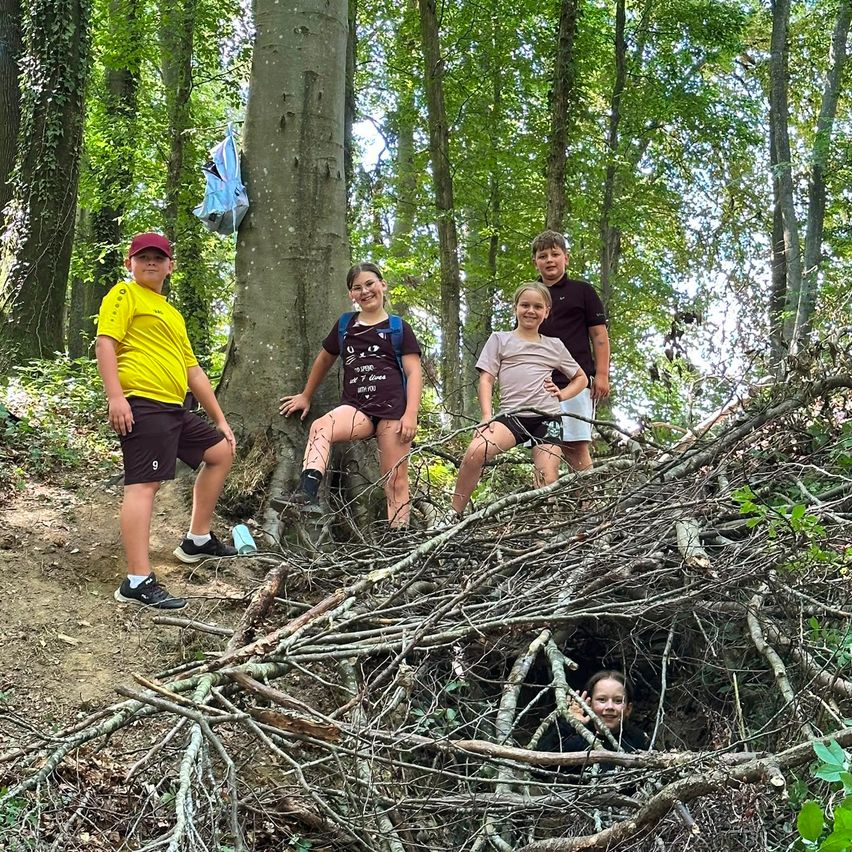 Five children are in a forest. They are posing for a photo. One is sitting on a pile of sticks.