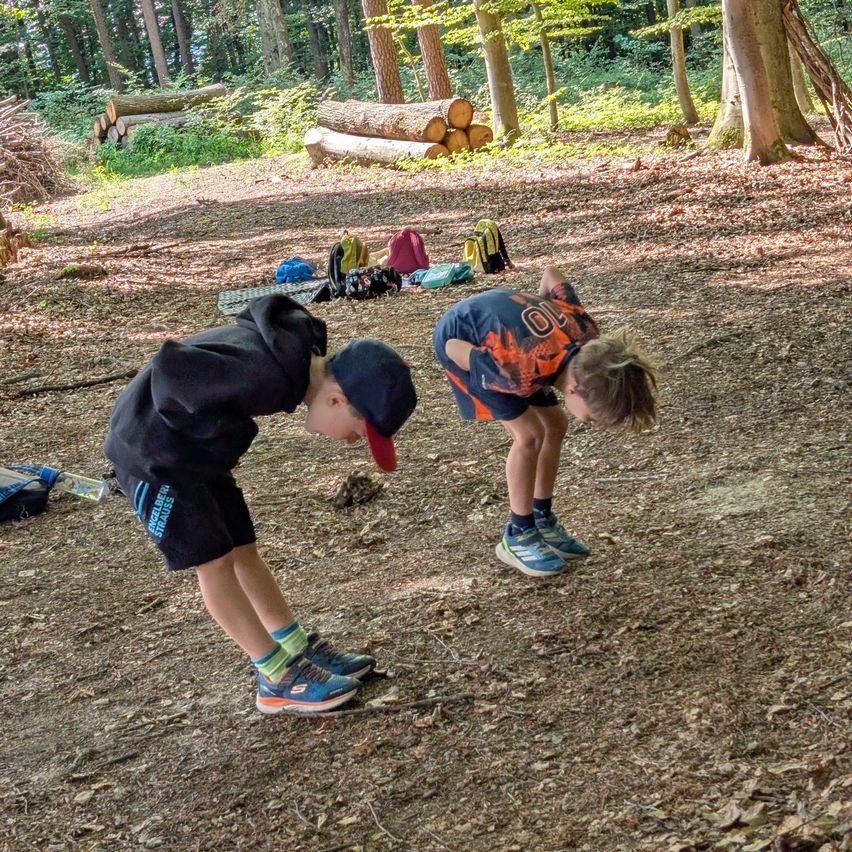 Two children are bending down in a forest, one wearing a black hoodie and the other in an orange jersey. They are looking at something on the ground.