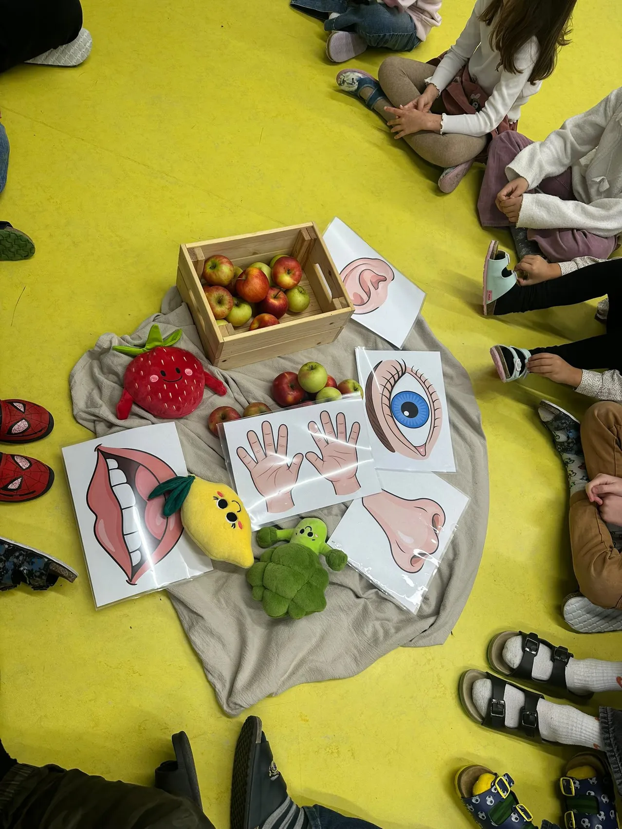 Eine Gruppe von Kindern sitzt auf einem gelben Boden mit verschiedenen Lernmaterialien um sie herum. Es gibt eine Box mit Äpfeln, eine Erdbeer-Plüschfigur und mehrere Zeichnungen von Körperteilen.