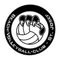 Das Logo des Beach-Volleyball-Clubs in Schwarz und Weiß zeigt ein Volleyball mit zwei vogelartigen Figuren, die es festhalten. Der Text lautet BEACH-VOLLEYBALL-CLUB ST. JOSEPH.