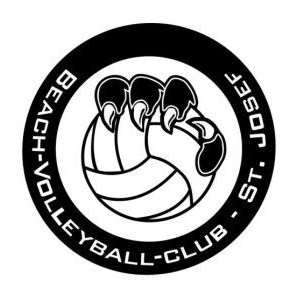 Das Logo des Beach-Volleyball-Clubs in Schwarz und Weiß zeigt ein Volleyball mit zwei vogelartigen Figuren, die es festhalten. Der Text lautet BEACH-VOLLEYBALL-CLUB ST. JOSEPH.