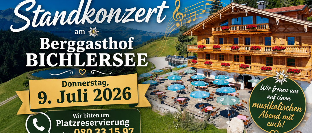 Plakat für ein Konzert im Gasthof Lersee, zeigt ein Chalet mit Balkonen und Noten. Datum: 11.2026. Reservieren Sie unter 080 33 15 97.