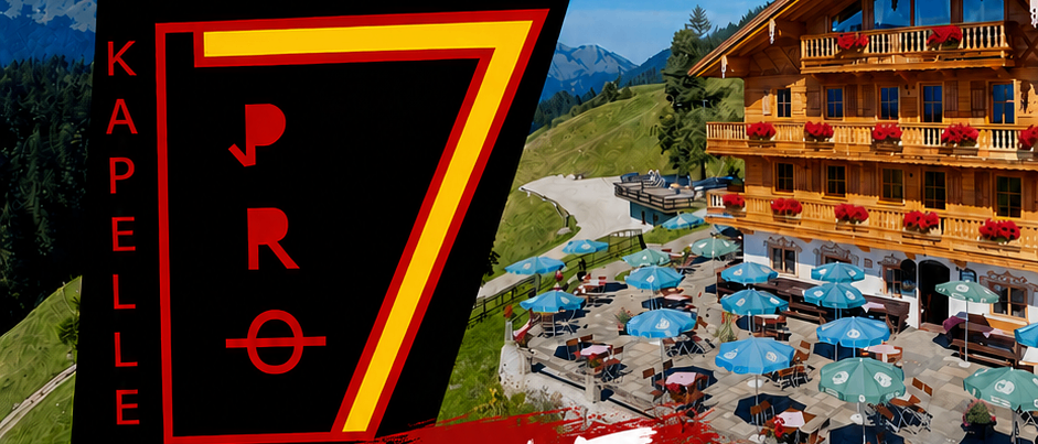 Plakat für eine Live-Veranstaltung im Bohmisch-Mahrisch-Boarisch am Berggasthof Bichlersee am 30. Juli 2026 um 19 Uhr. Es zeigt eine Vogelperspektive eines Außenbereichs mit blauen Sonnenschirmen.