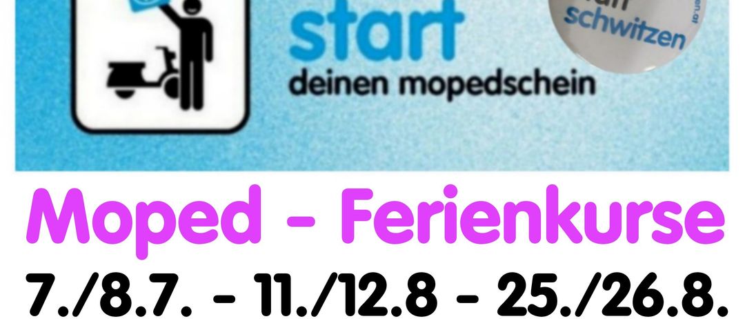 Infografik zeigt drei Schritte zum Start eines Mopedkurses. Schritt 1: Fahrrad bergauf fahren. Schritt 2: Person mit Zertifikat. Schritt 3: Moped bergauf fahren. Termine für den Kurs sind angegeben.
