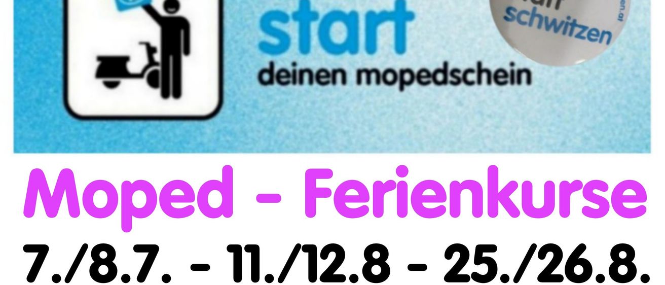 Infografik zeigt drei Schritte zum Start eines Mopedkurses. Schritt 1: Fahrrad bergauf fahren. Schritt 2: Person mit Zertifikat. Schritt 3: Moped bergauf fahren. Termine für den Kurs sind angegeben.