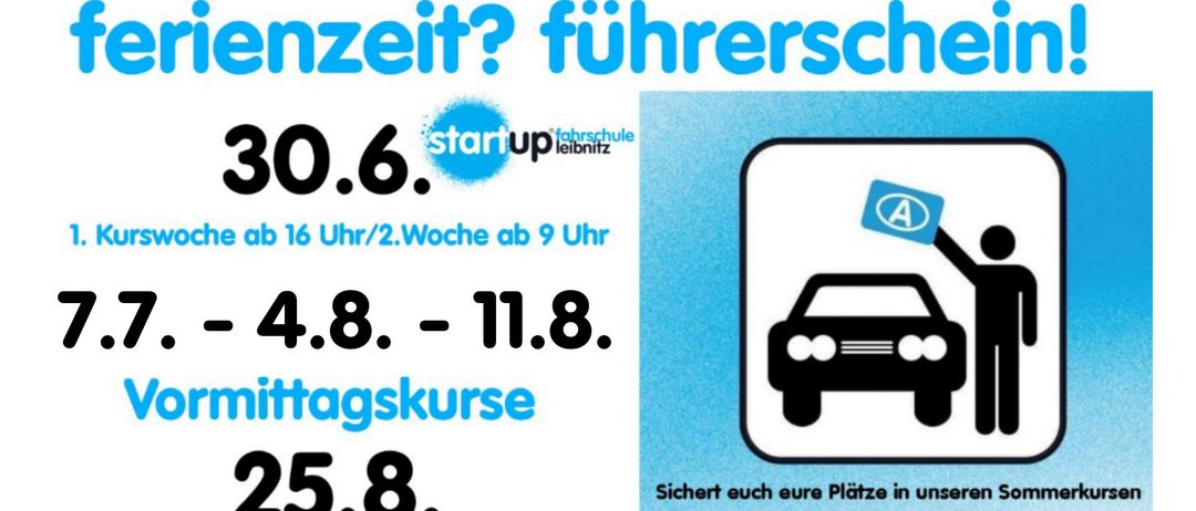 Werbeposter für Fahrkurse. Zwei Personen umarmen sich vor einem Auto. Daten und Zeiten für Kurse werden angegeben. Ein Mann hält einen Führerschein hoch.