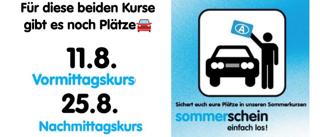 Eine Werbung für Fahrkurse mit einer Gruppe von Menschen in der Nähe von zwei Autos. Termine und Zeiten für die Kurse sind angegeben.