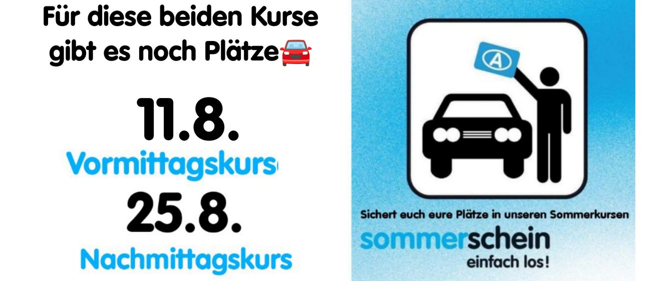 Eine Werbung für Fahrkurse mit einer Gruppe von Menschen in der Nähe von zwei Autos. Termine und Zeiten für die Kurse sind angegeben.