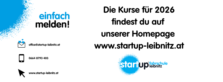 Ein Plakat mit blauen und weißen Farben bewirbt einen Kurs für 2026. Es ermutigt zur Anmeldung und bietet eine Website, E-Mail und Telefonnummer für weitere Informationen. Das Logo ist unten rechts abgebildet.