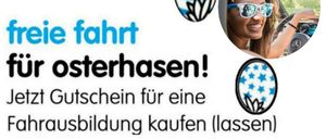 Eine Werbung für Fahrschule Leibnitz zeigt eine lächelnde Frau mit Sonnenbrille. Es steht 'Sie fährt Osterhasen!' und 'Gutschein für eine Fahrstunde kaufen (lassen)'.